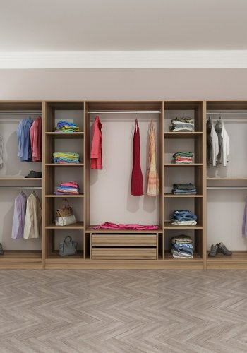 FUNZI LIVING 7674 bent garderobeskab, m. 5 bjlestnger, 2 skuffer, 10 hylder - natur melamin