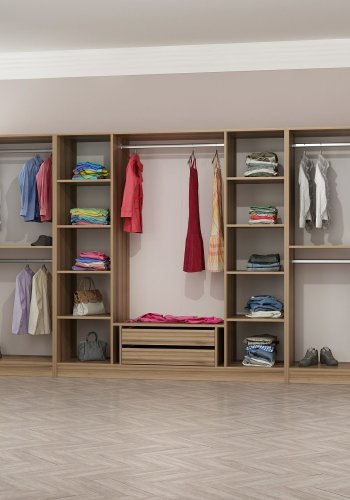 FUNZI LIVING 7674 bent garderobeskab, m. 5 bjlestnger, 2 skuffer, 10 hylder - natur melamin