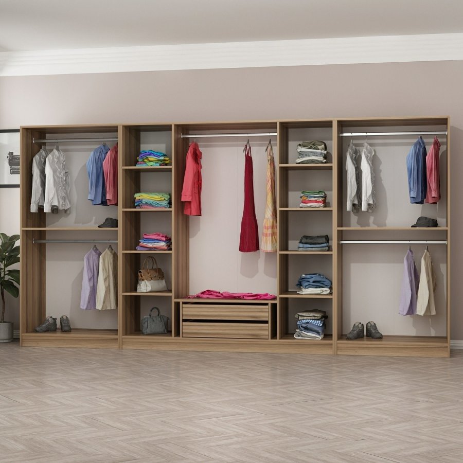 FUNZI LIVING 7674 bent garderobeskab, m. 5 bjlestnger, 2 skuffer, 10 hylder - natur melamin