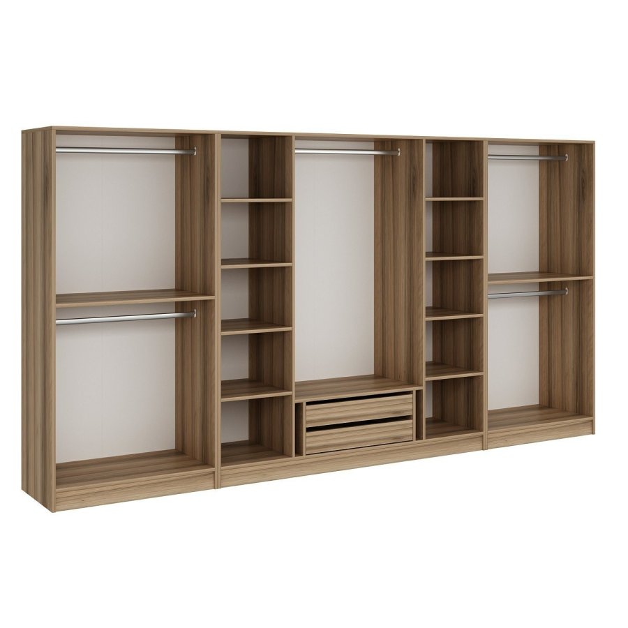 FUNZI LIVING 7674 bent garderobeskab, m. 5 bjlestnger, 2 skuffer, 10 hylder - natur melamin