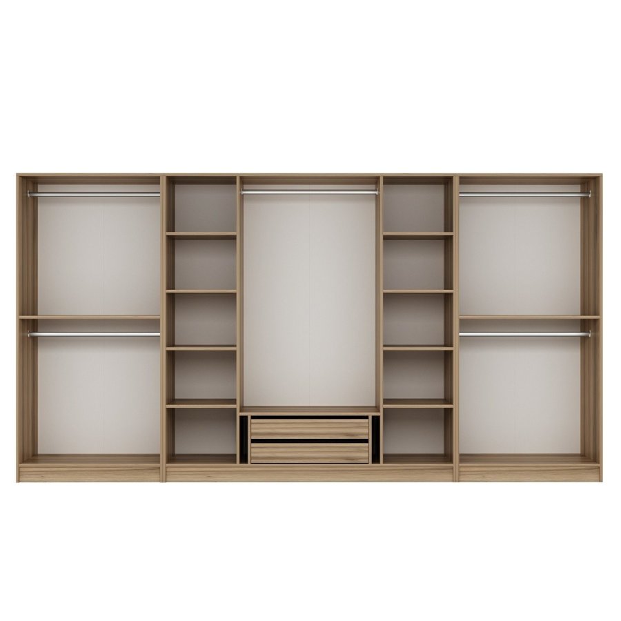 FUNZI LIVING 7674 bent garderobeskab, m. 5 bjlestnger, 2 skuffer, 10 hylder - natur melamin