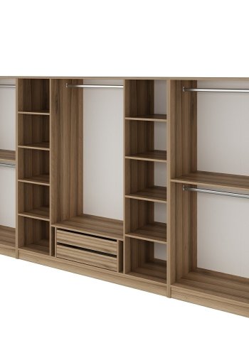 FUNZI LIVING 7674 bent garderobeskab, m. 5 bjlestnger, 2 skuffer, 10 hylder - natur melamin