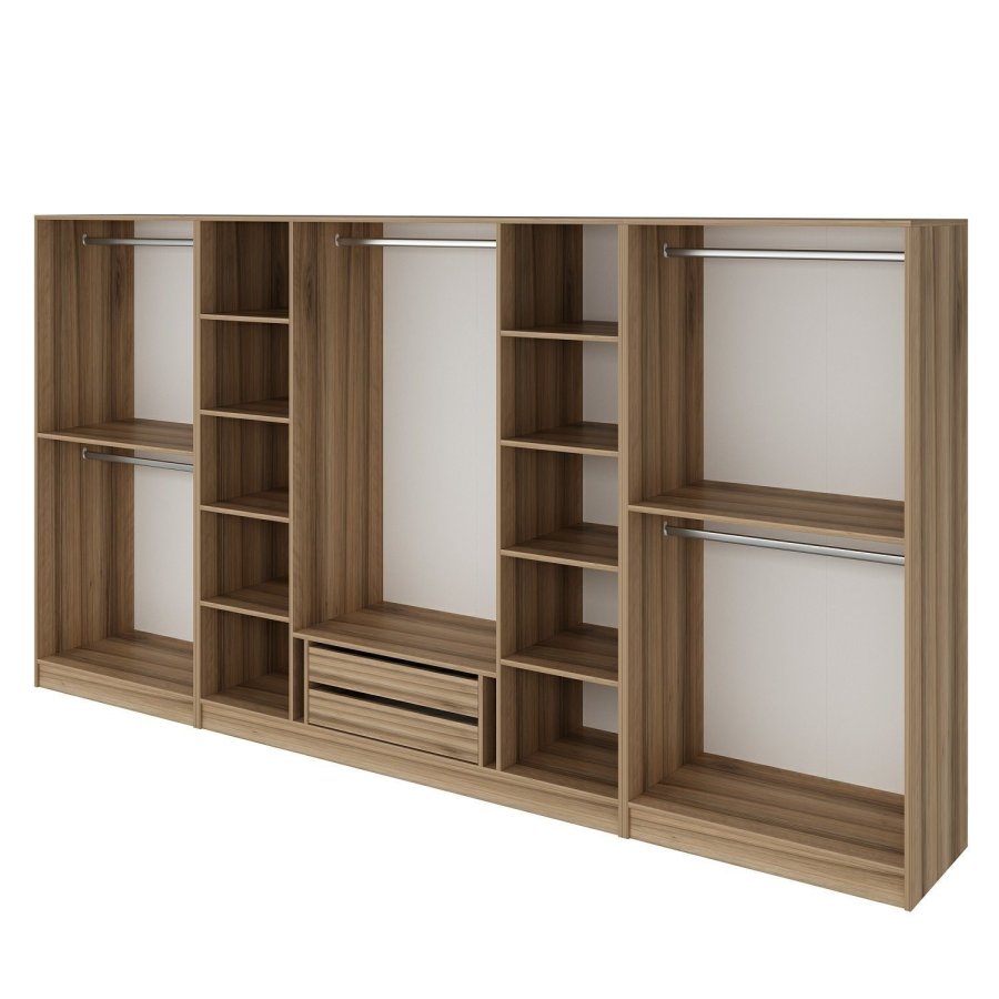 FUNZI LIVING 7674 bent garderobeskab, m. 5 bjlestnger, 2 skuffer, 10 hylder - natur melamin