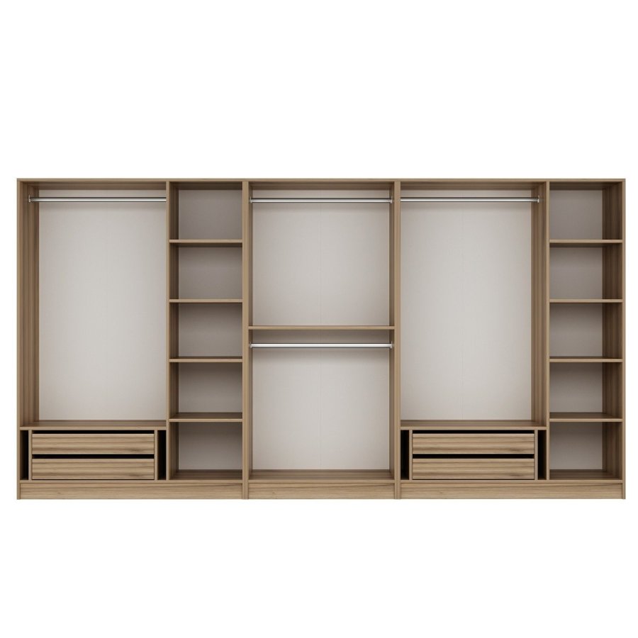 FUNZI LIVING 7545 bent garderobeskab, m. 4 bjlestnger, 4 skuffer, 9 hylder - natur melamin