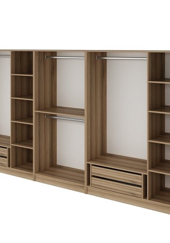 FUNZI LIVING 7545 bent garderobeskab, m. 4 bjlestnger, 4 skuffer, 9 hylder - natur melamin