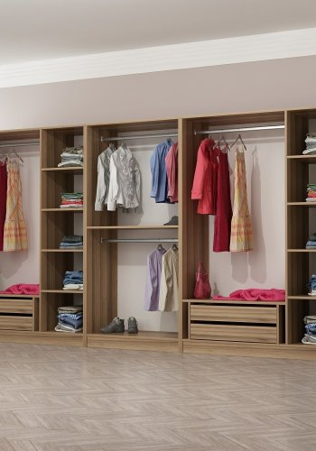 FUNZI LIVING 7675 bent garderobeskab, m. 4 bjlestnger, 4 skuffer, 9 hylder - natur melamin