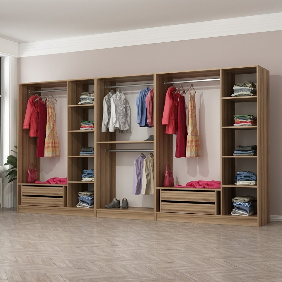 FUNZI LIVING 7675 bent garderobeskab, m. 4 bjlestnger, 4 skuffer, 9 hylder - natur melamin