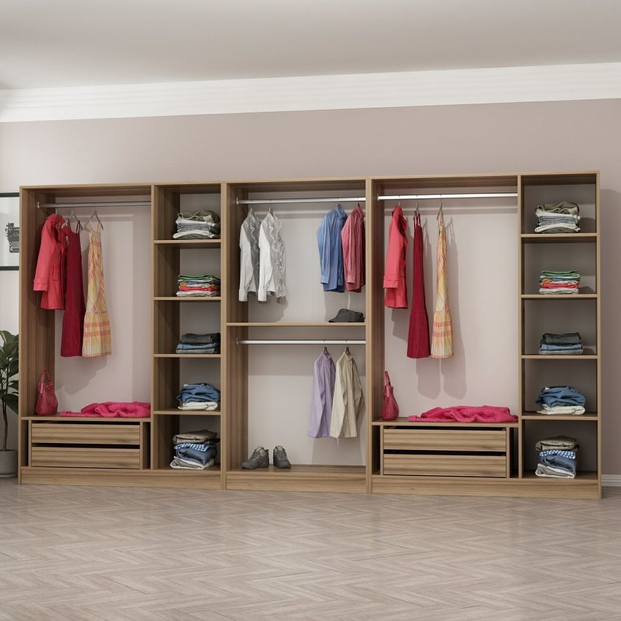 FUNZI LIVING 7675 bent garderobeskab, m. 4 bjlestnger, 4 skuffer, 9 hylder - natur melamin