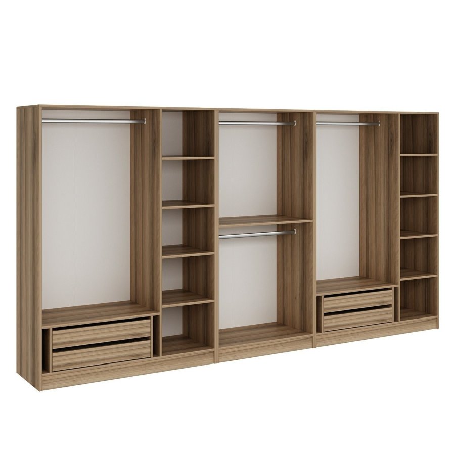 FUNZI LIVING 7675 bent garderobeskab, m. 4 bjlestnger, 4 skuffer, 9 hylder - natur melamin