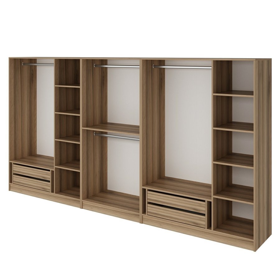 FUNZI LIVING 7675 bent garderobeskab, m. 4 bjlestnger, 4 skuffer, 9 hylder - natur melamin