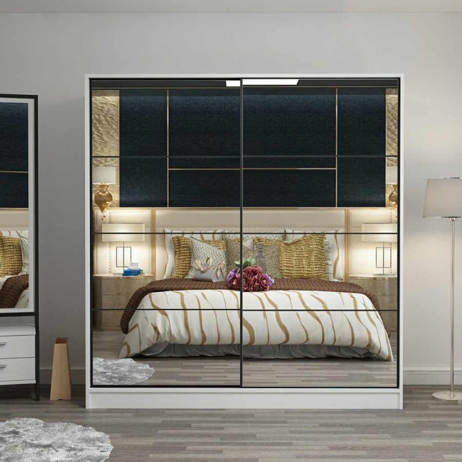 FUNZI LIVING 3965 garderobeskab, spejl, 2 skydelger, 2 bjlestnger, 2 skuffer - hvid melamin