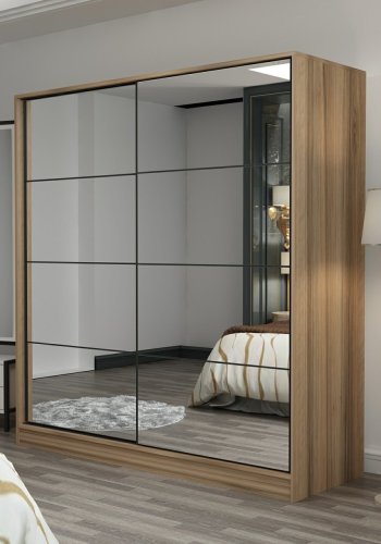 FUNZI LIVING 3173 garderobeskab, spejl, 2 skydelger, 2 bjlestnger, 2 skuffer - natur melamin