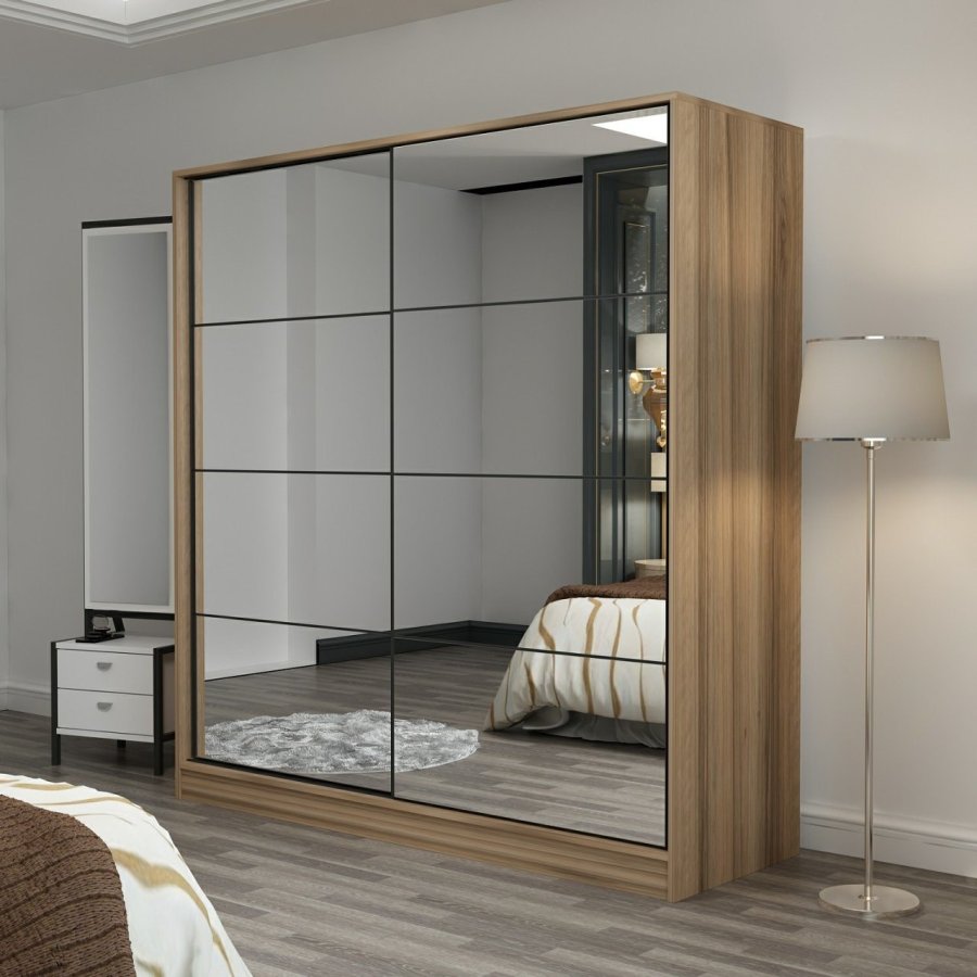 FUNZI LIVING 3173 garderobeskab, spejl, 2 skydelger, 2 bjlestnger, 2 skuffer - natur melamin