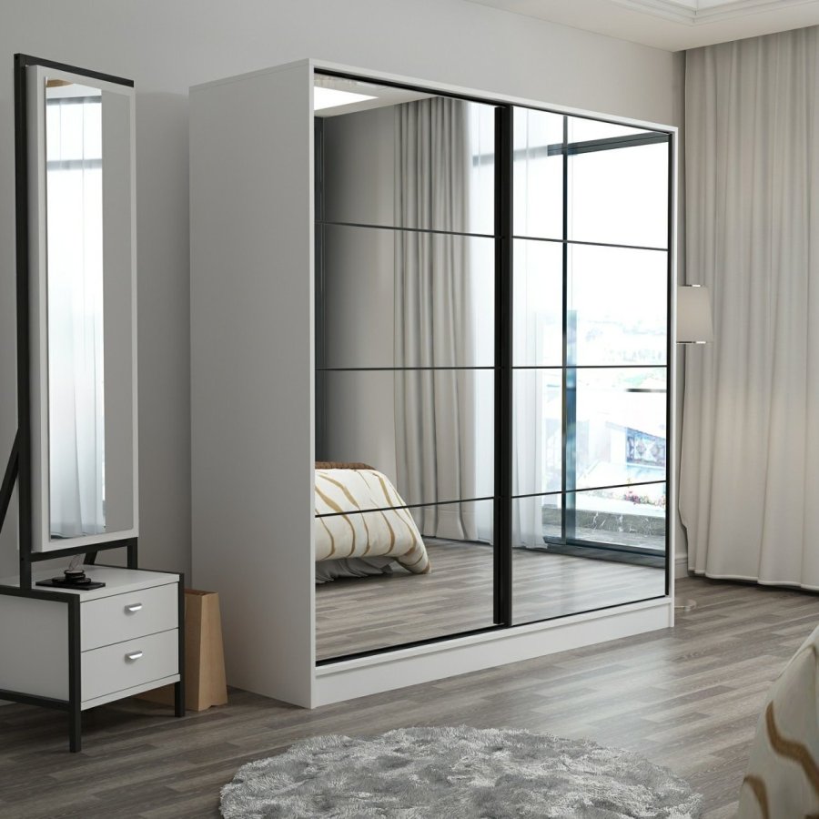 FUNZI LIVING 7153 garderobeskab, spejl, 2 skydelger, 2 bjlestnger, 2 skuffer - hvid melamin