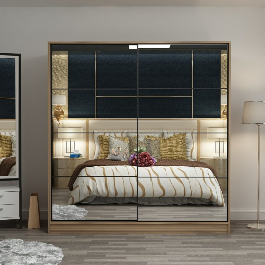 FUNZI LIVING 7165 garderobeskab, spejl, 2 skydelger, 2 bjlestnger, 2 skuffer - natur melamin