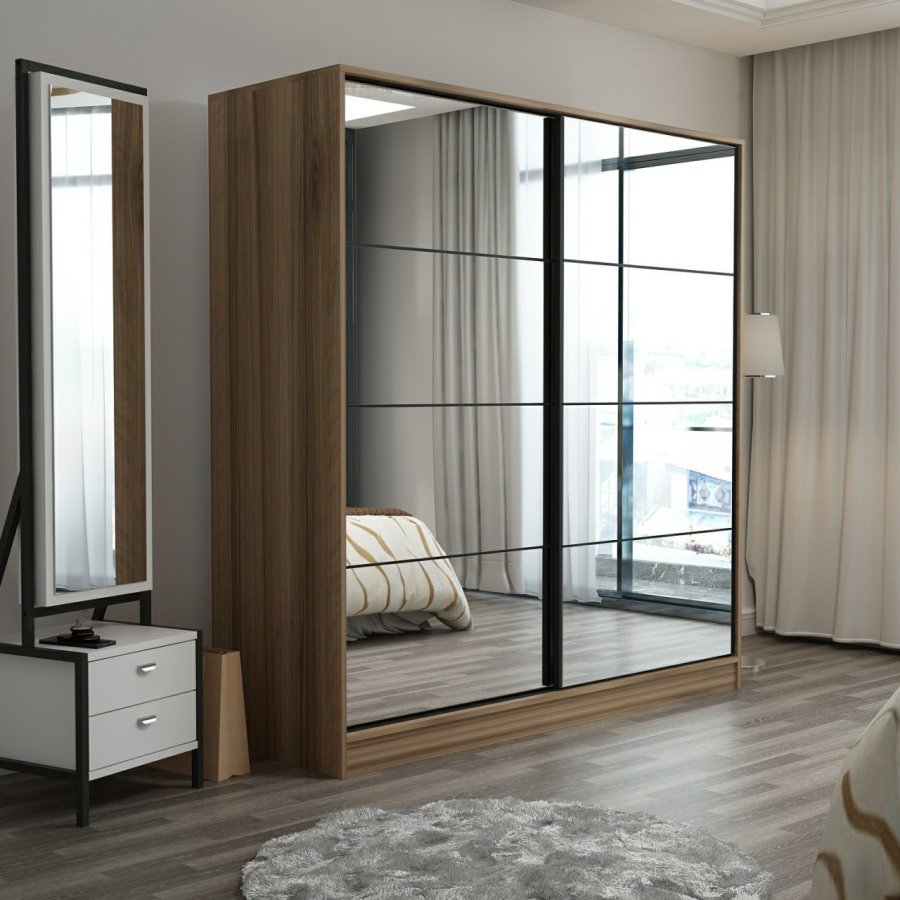 FUNZI LIVING 7165 garderobeskab, spejl, 2 skydelger, 2 bjlestnger, 2 skuffer - natur melamin