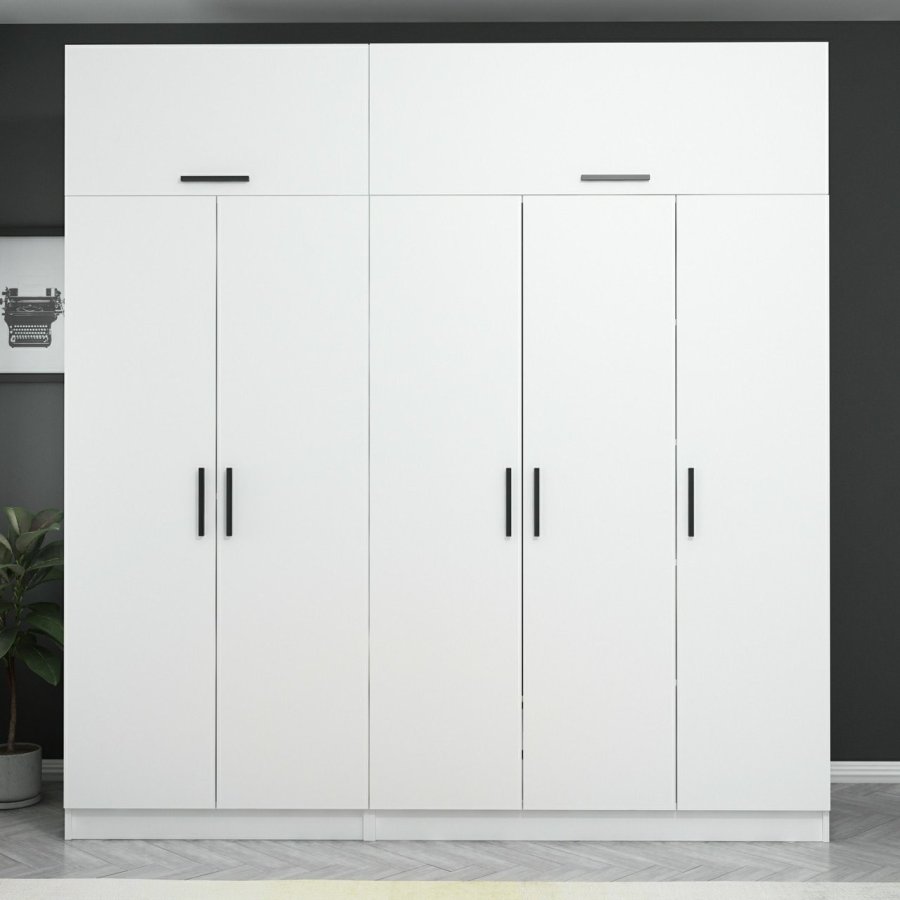 FUNZI LIVING 3085 garderobeskab, 7 lger, 3 bjlestnger, 2 skuffer, hylder - hvid melamin