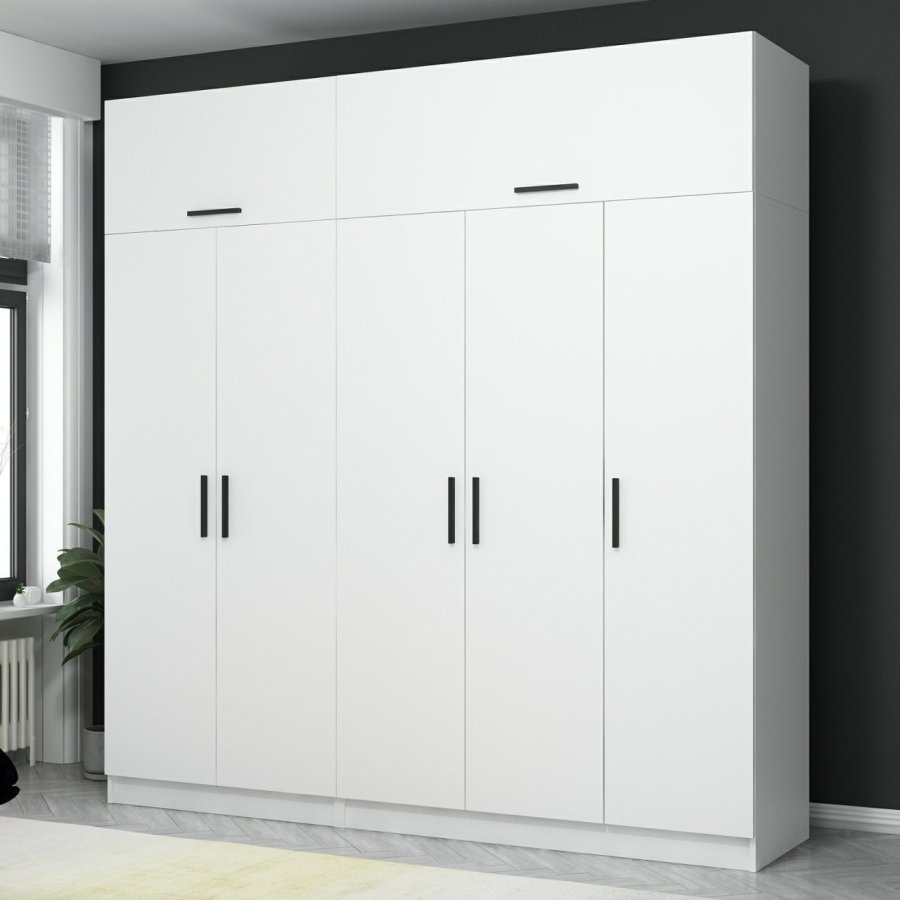 FUNZI LIVING 3085 garderobeskab, 7 lger, 3 bjlestnger, 2 skuffer, hylder - hvid melamin