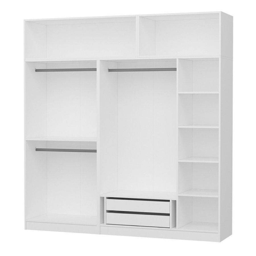 FUNZI LIVING 3085 garderobeskab, 7 lger, 3 bjlestnger, 2 skuffer, hylder - hvid melamin