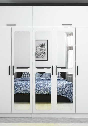 FUNZI LIVING 3096 garderobeskab, spejl, 7 lger, 3 bjlestnger, 2 skuffer, hylder - hvid melamin