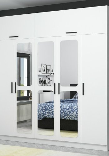 FUNZI LIVING 3941 garderobeskab, spejl, 7 lger, 3 bjlestnger, 2 skuffer, hylder - hvid melamin