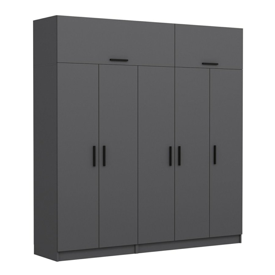 FUNZI LIVING 5174 garderobeskab, 7 lger, 3 bjlestnger, 2 skuffer, hylder - antracitgr melamin