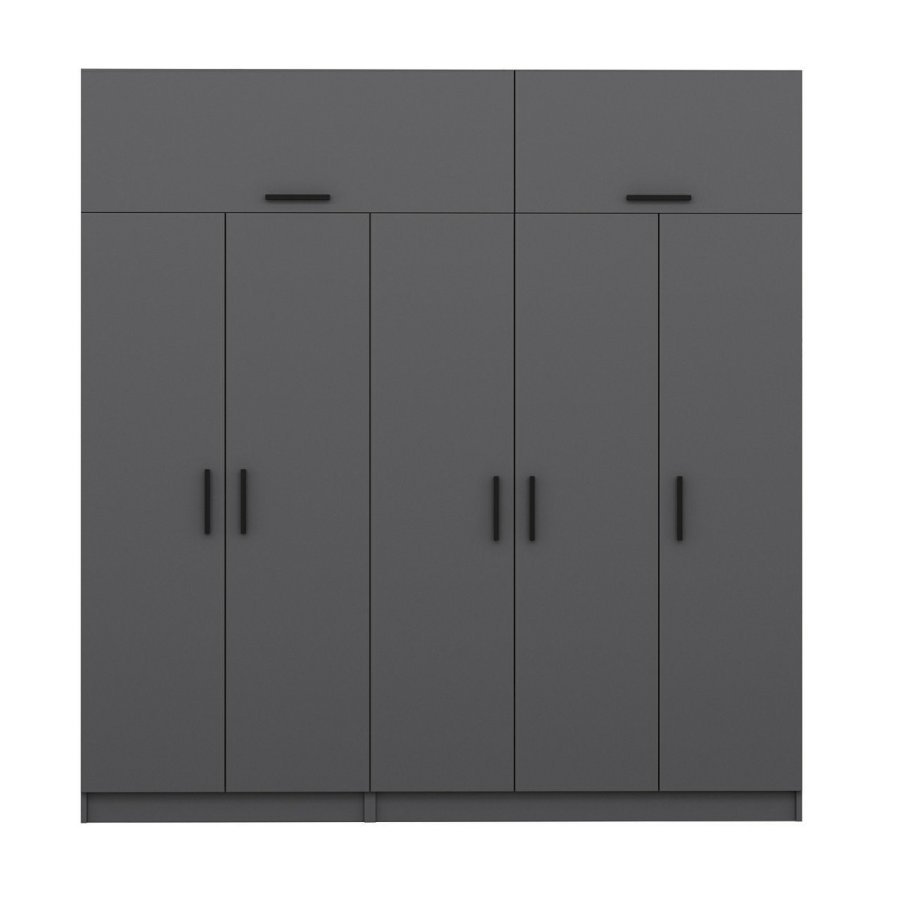 FUNZI LIVING 5174 garderobeskab, 7 lger, 3 bjlestnger, 2 skuffer, hylder - antracitgr melamin