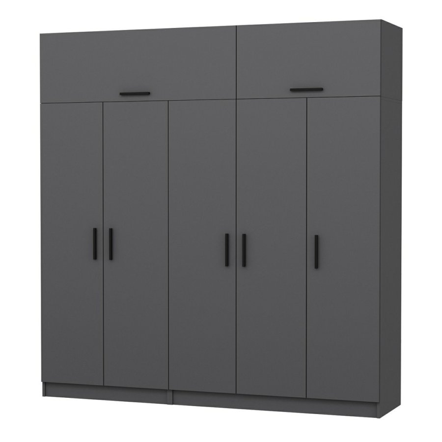 FUNZI LIVING 5174 garderobeskab, 7 lger, 3 bjlestnger, 2 skuffer, hylder - antracitgr melamin