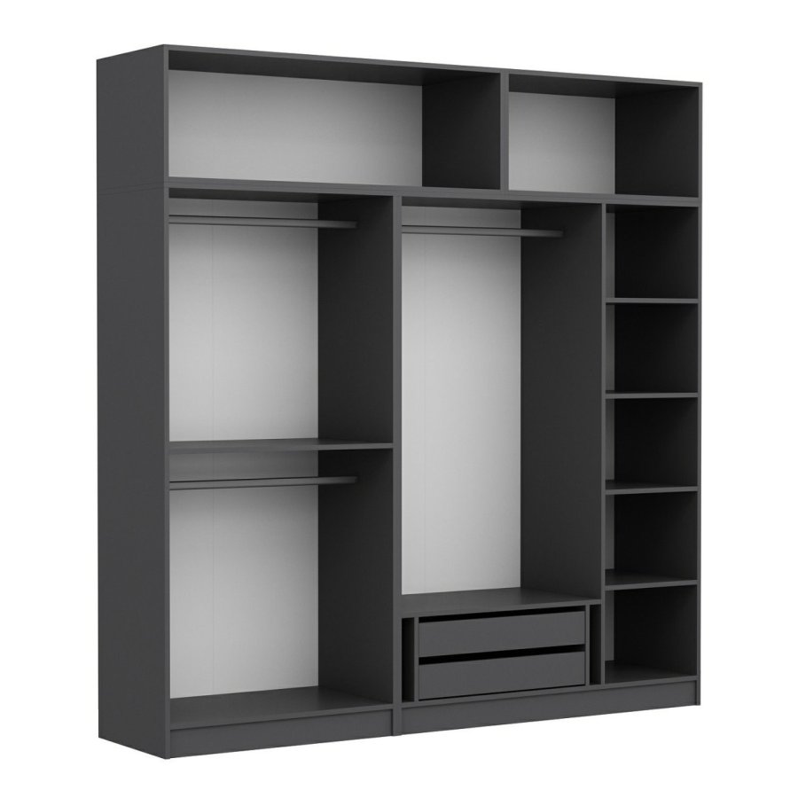 FUNZI LIVING 5174 garderobeskab, 7 lger, 3 bjlestnger, 2 skuffer, hylder - antracitgr melamin