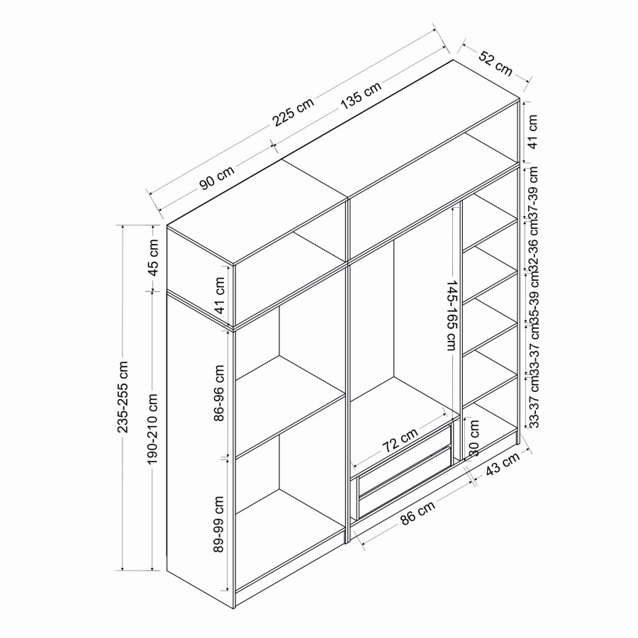 FUNZI LIVING 5174 garderobeskab, 7 lger, 3 bjlestnger, 2 skuffer, hylder - antracitgr melamin