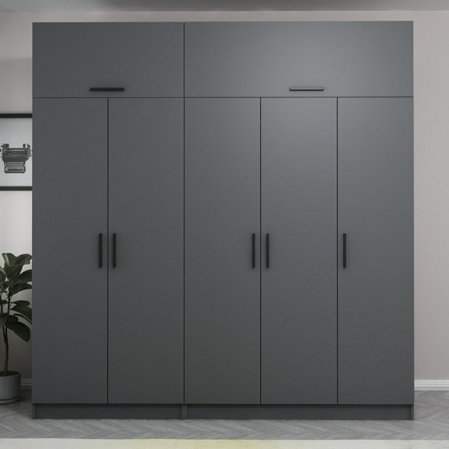 FUNZI LIVING 5265 garderobeskab, 7 lger, 3 bjlestnger, 2 skuffer, hylder - antracitgr melamin