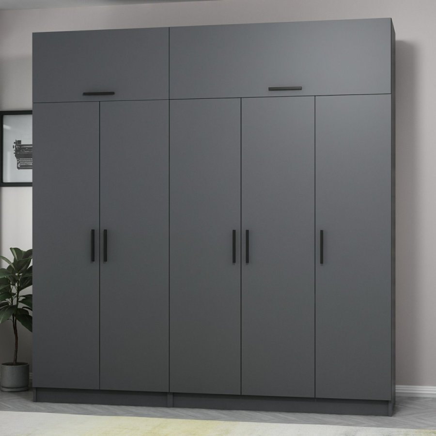 FUNZI LIVING 5265 garderobeskab, 7 lger, 3 bjlestnger, 2 skuffer, hylder - antracitgr melamin