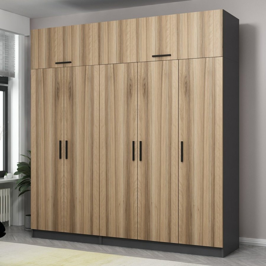 FUNZI LIVING 5201 garderobeskab, 7 lger, 3 bjlestnger, 2 skuffer, hylder - antracit/natur melamin