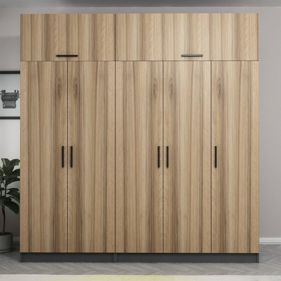 FUNZI LIVING 5292 garderobeskab, 7 lger, 3 bjlestnger, 2 skuffer, hylder - antracit/natur melamin