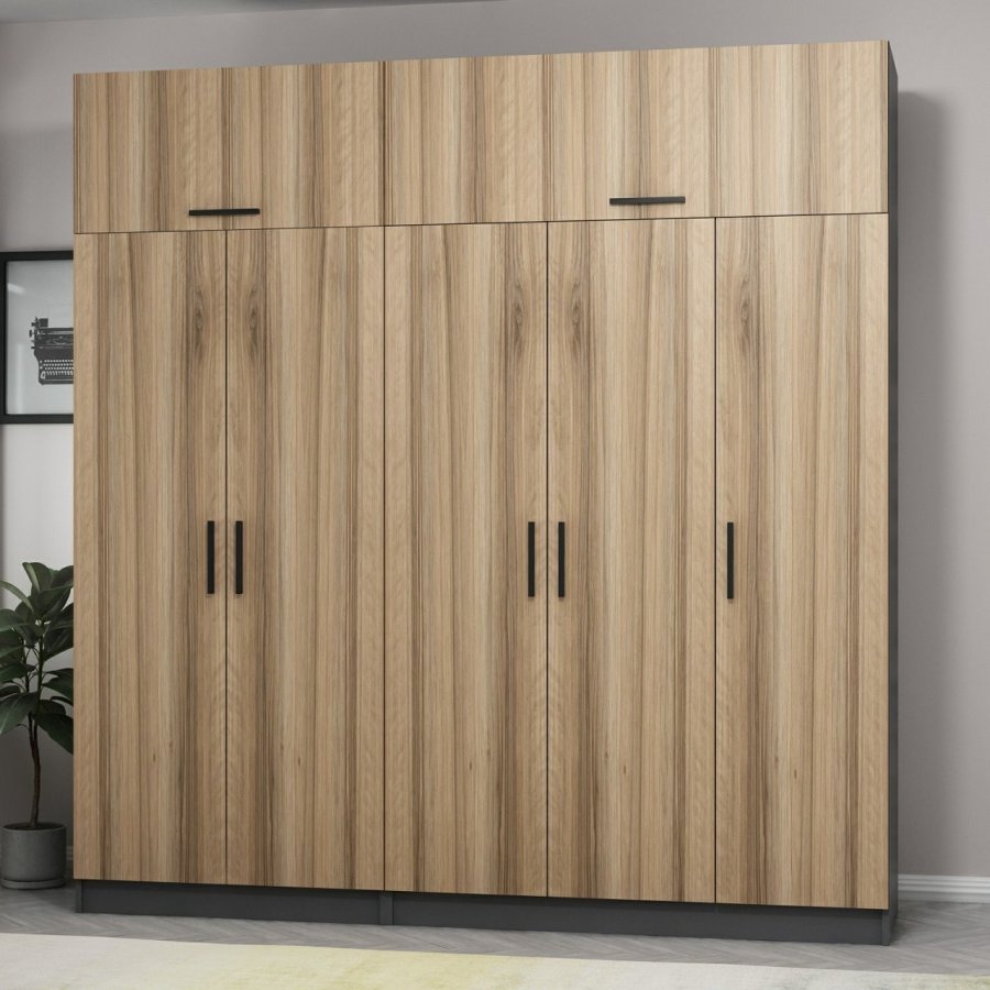 FUNZI LIVING 5292 garderobeskab, 7 lger, 3 bjlestnger, 2 skuffer, hylder - antracit/natur melamin