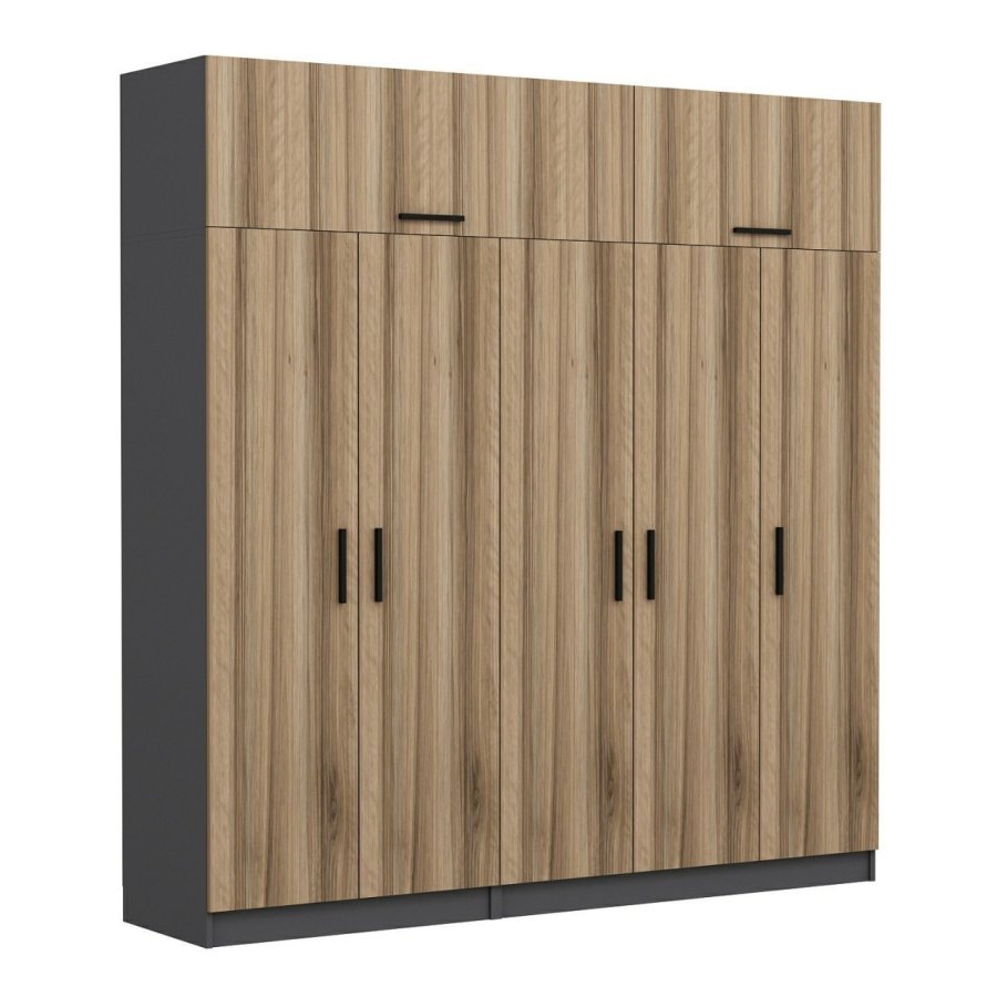 FUNZI LIVING 5292 garderobeskab, 7 lger, 3 bjlestnger, 2 skuffer, hylder - antracit/natur melamin