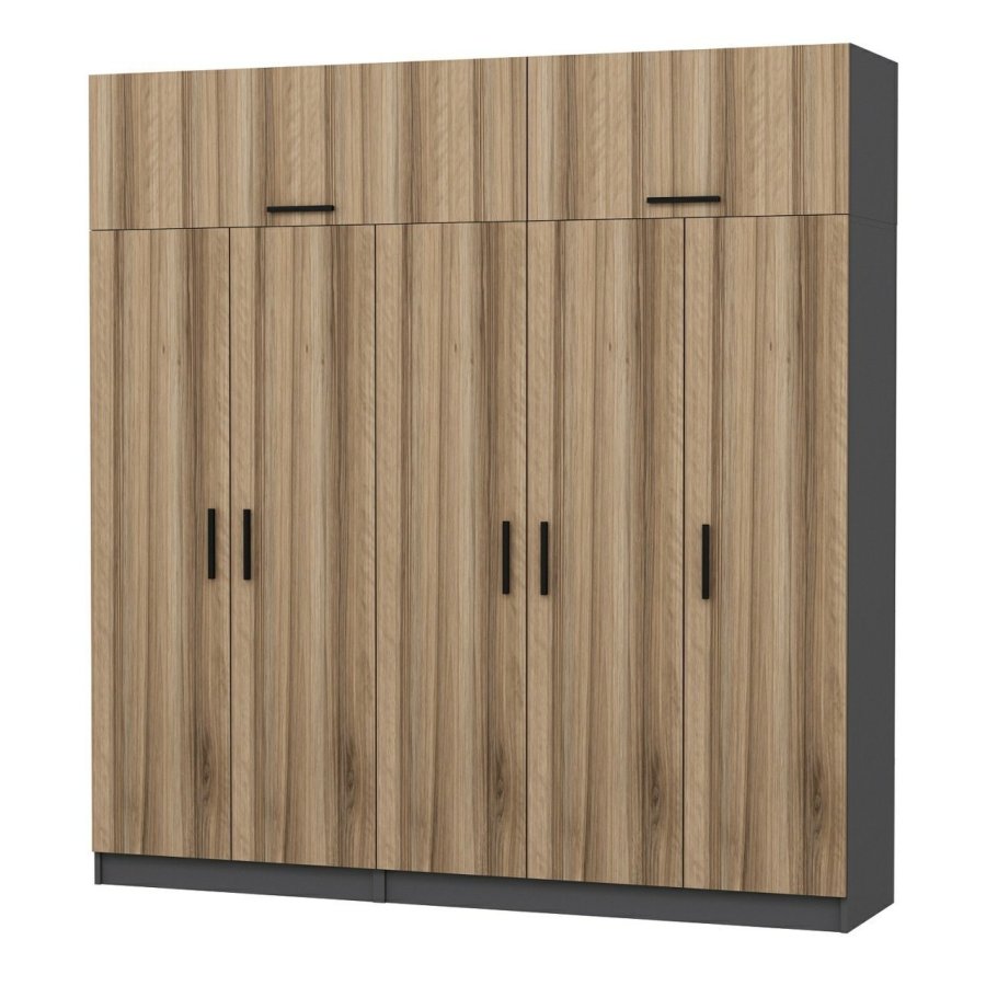 FUNZI LIVING 5292 garderobeskab, 7 lger, 3 bjlestnger, 2 skuffer, hylder - antracit/natur melamin