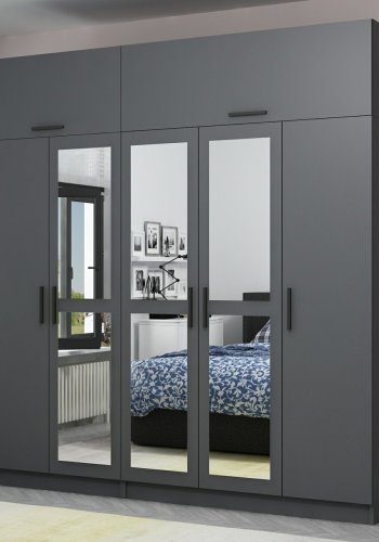 FUNZI LIVING 5185 garderobeskab, spejl, 7 lger, 3 bjlestnger, 2 skuffer - antracitgr melamin