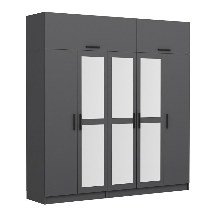 FUNZI LIVING 5185 garderobeskab, spejl, 7 lger, 3 bjlestnger, 2 skuffer - antracitgr melamin