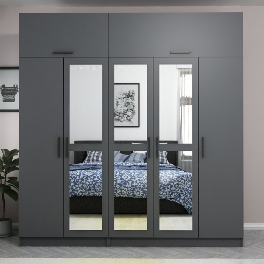 FUNZI LIVING 5276 garderobeskab, spejl, 7 lger, 3 bjlestnger, 2 skuffer - antracitgr melamin