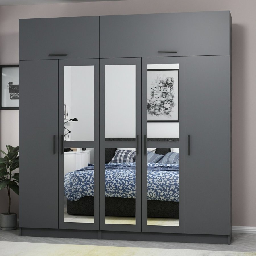 FUNZI LIVING 5276 garderobeskab, spejl, 7 lger, 3 bjlestnger, 2 skuffer - antracitgr melamin