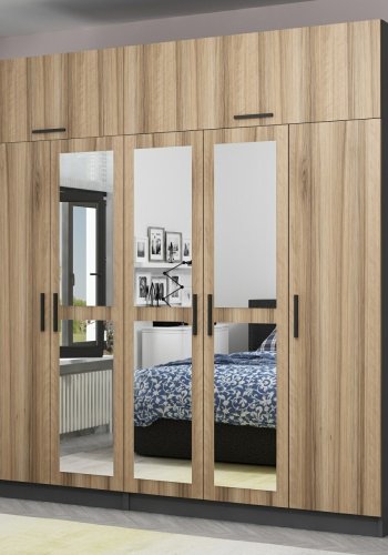 FUNZI LIVING 5212 garderobeskab, spejl, 7 lger, 3 bjlestnger, 2 skuffer - natur/antracit melamin