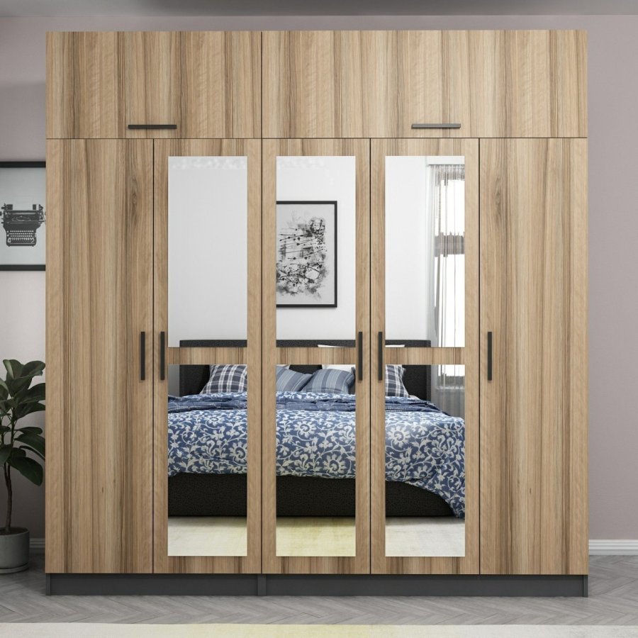 FUNZI LIVING 5212 garderobeskab, spejl, 7 lger, 3 bjlestnger, 2 skuffer - natur/antracit melamin