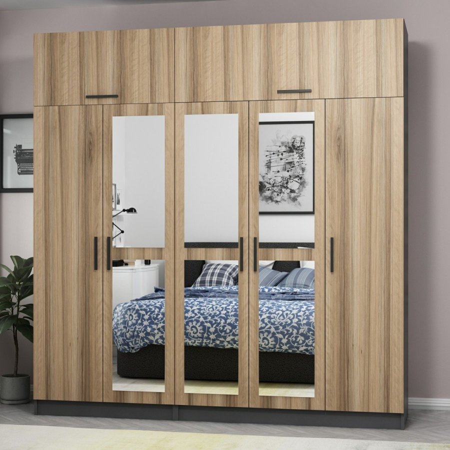 FUNZI LIVING 5212 garderobeskab, spejl, 7 lger, 3 bjlestnger, 2 skuffer - natur/antracit melamin