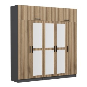 FUNZI LIVING 5212 garderobeskab, spejl, 7 lger, 3 bjlestnger, 2 skuffer - natur/antracit melamin