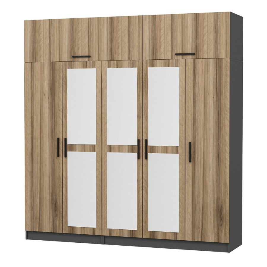 FUNZI LIVING 5212 garderobeskab, spejl, 7 lger, 3 bjlestnger, 2 skuffer - natur/antracit melamin