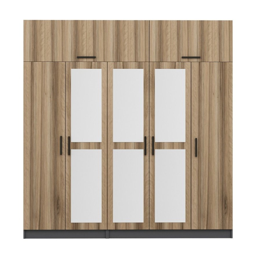 FUNZI LIVING 5303 garderobeskab, spejl, 7 lger, 3 bjlestnger, 2 skuffer - natur/antracit melamin