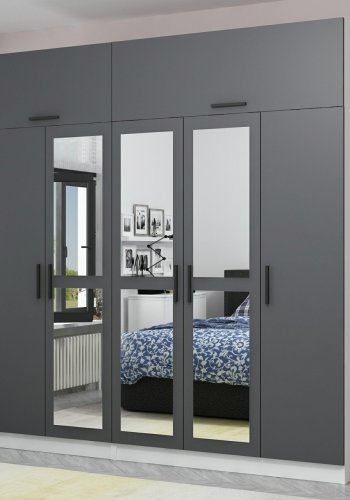 FUNZI LIVING 5158 garderobeskab, spejl, 7 lger, 3 bjlestnger, 2 skuffer - antracit/hvid melamin