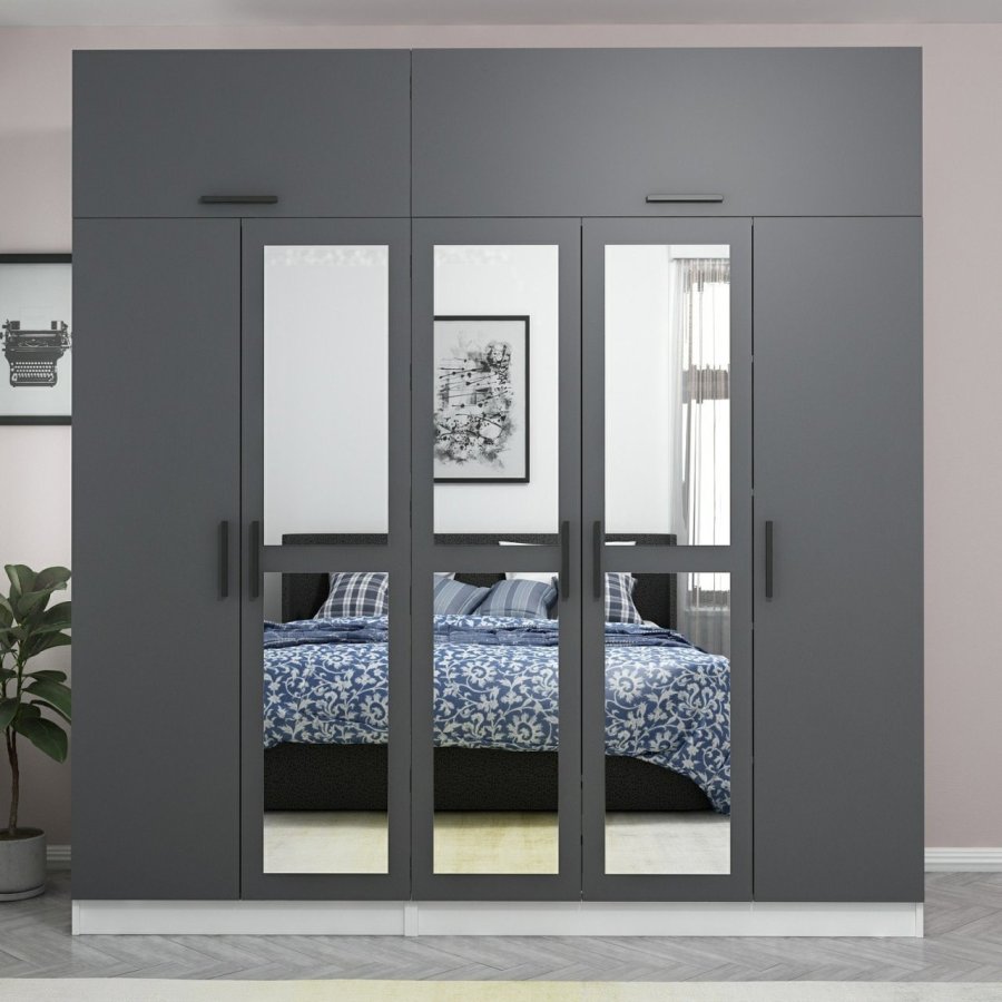 FUNZI LIVING 5158 garderobeskab, spejl, 7 lger, 3 bjlestnger, 2 skuffer - antracit/hvid melamin