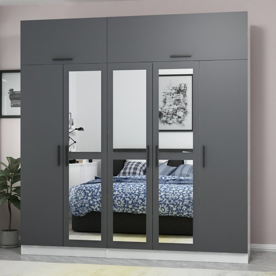 FUNZI LIVING 5158 garderobeskab, spejl, 7 lger, 3 bjlestnger, 2 skuffer - antracit/hvid melamin